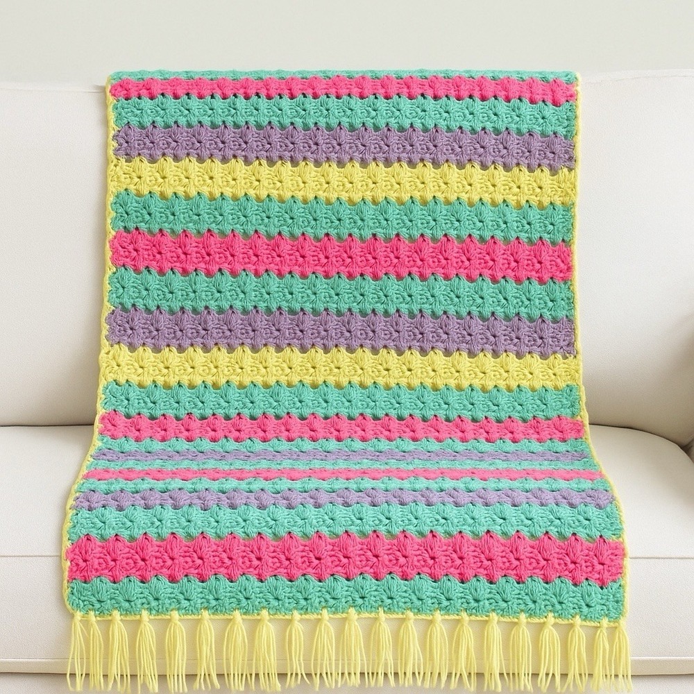 VTG Handmade Crochet Blanket Throw Pastel Striped W/Fringe Multicolor 60X60'
